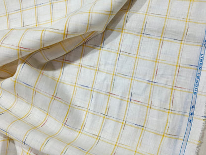 Premium Off-White 100%Pure Linen 60 Lea Fabric with Yellow & Multicolour Checks (0% Cotton)