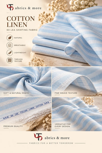 Sky Blue & White Stripes 60 Lea Cotton Linen Fabric