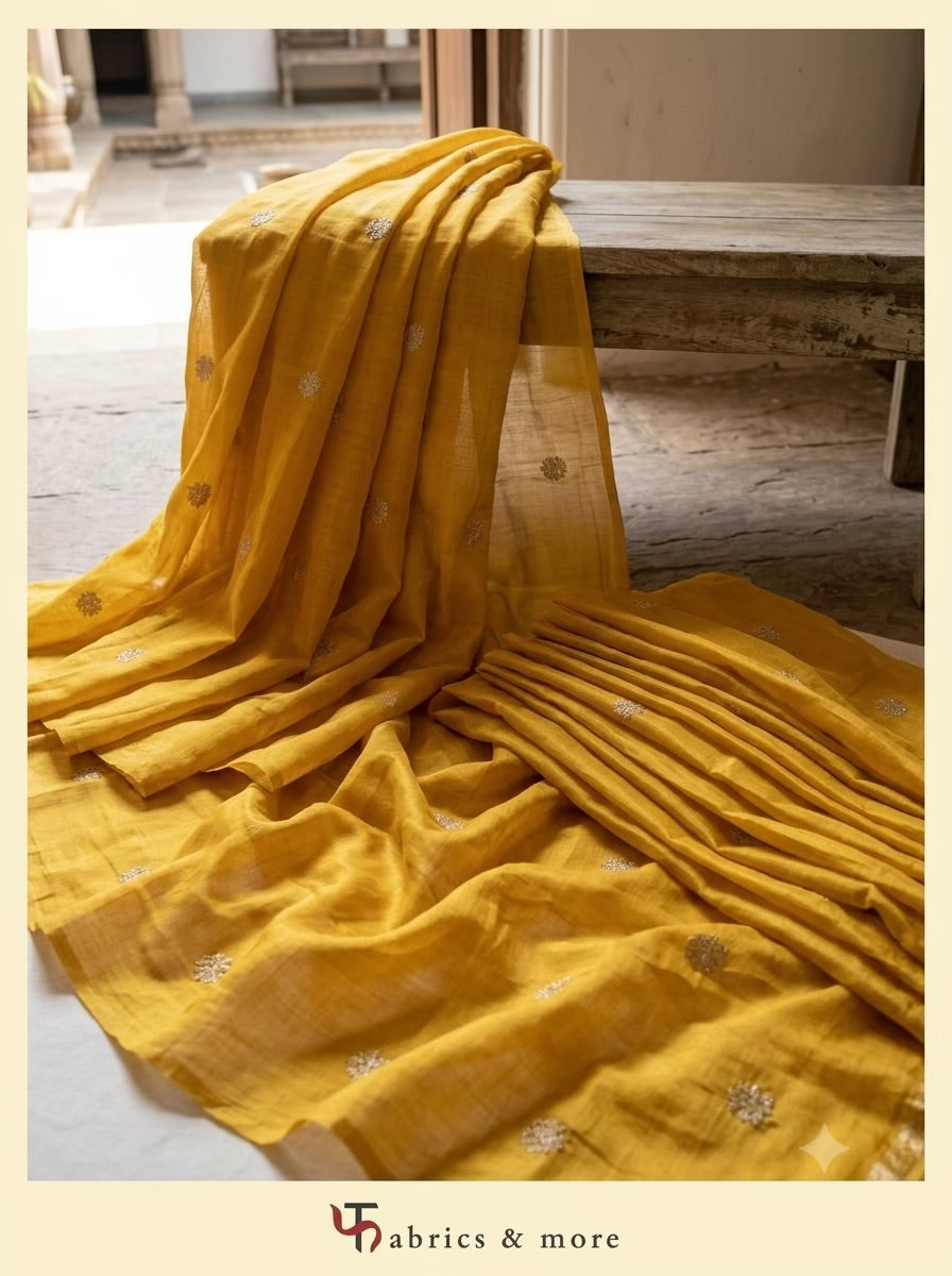 Rich Mustard Yellow  Malai Chanderi Fabric with Glitter Light Golden Dori Embroidery