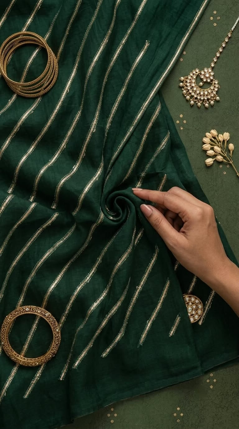 Emerald Green Chanderi Fabric with Light Golden Gotta Patti Work