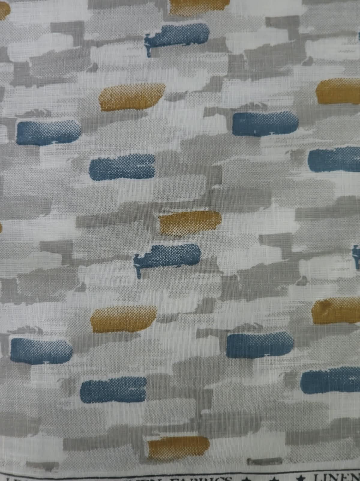 Blue & Mustard Abstract Brush Stroke Printed 100% Pure Linen Fabric 60 lea(0% Cotton)