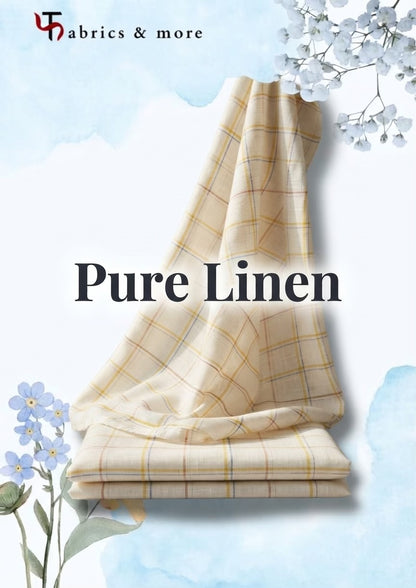 Premium Off-White 100%Pure Linen 60 Lea Fabric with Yellow & Multicolour Checks (0% Cotton)