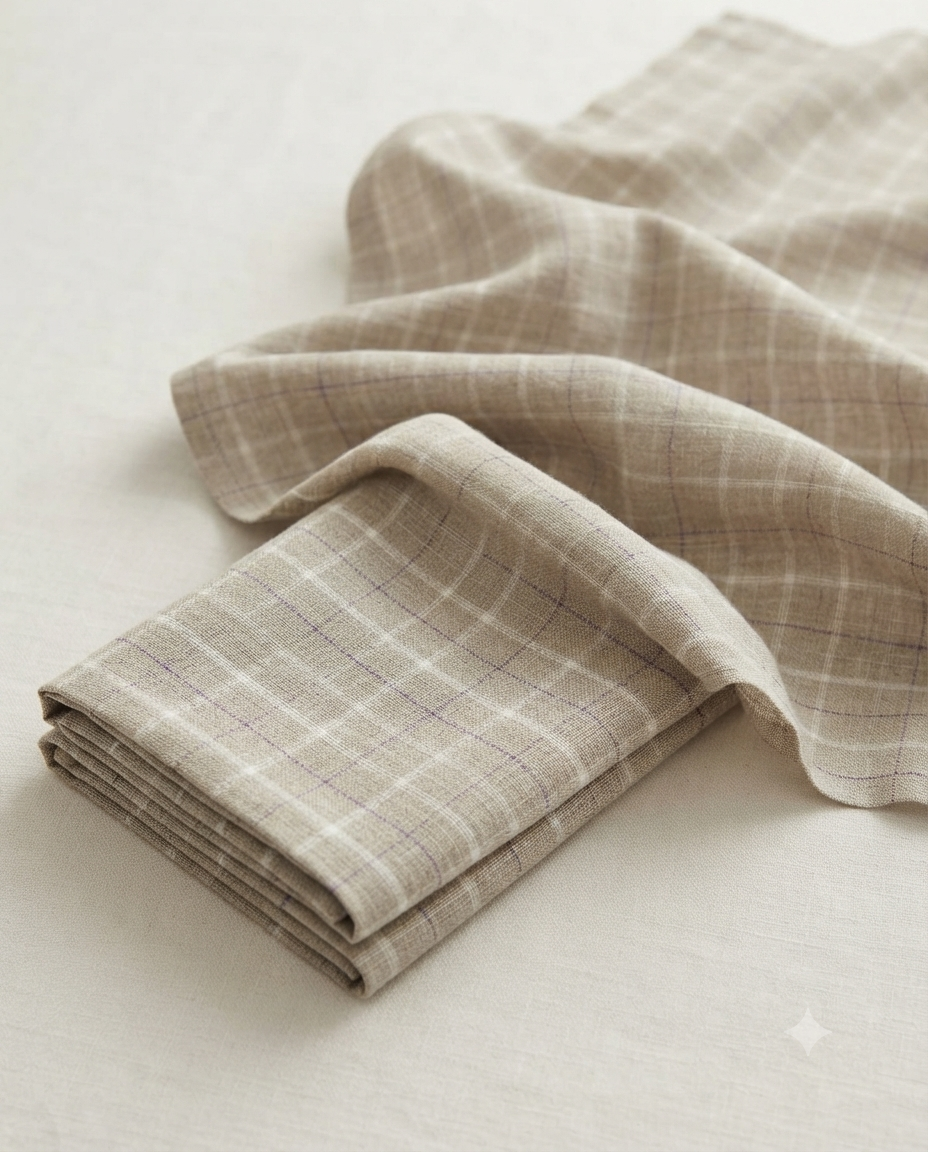 Natural Flax 100%Pure Linen 60 Lea Check Fabric – White & Purple Windowpane(0% Cotton)