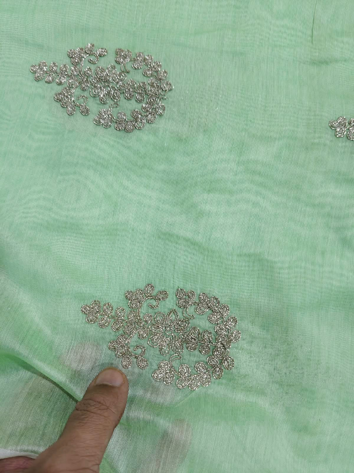 Mint Green Chanderi Fabric with Delicate Golden Cord Embroidery