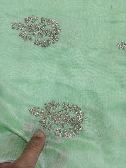 Mint Green Chanderi Fabric with Delicate Golden Cord Embroidery