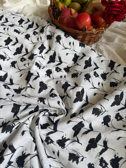 Monochrome Blossom 100% Pure Linen Digital Print Fabric 60 Lea Fabric(No cotton)