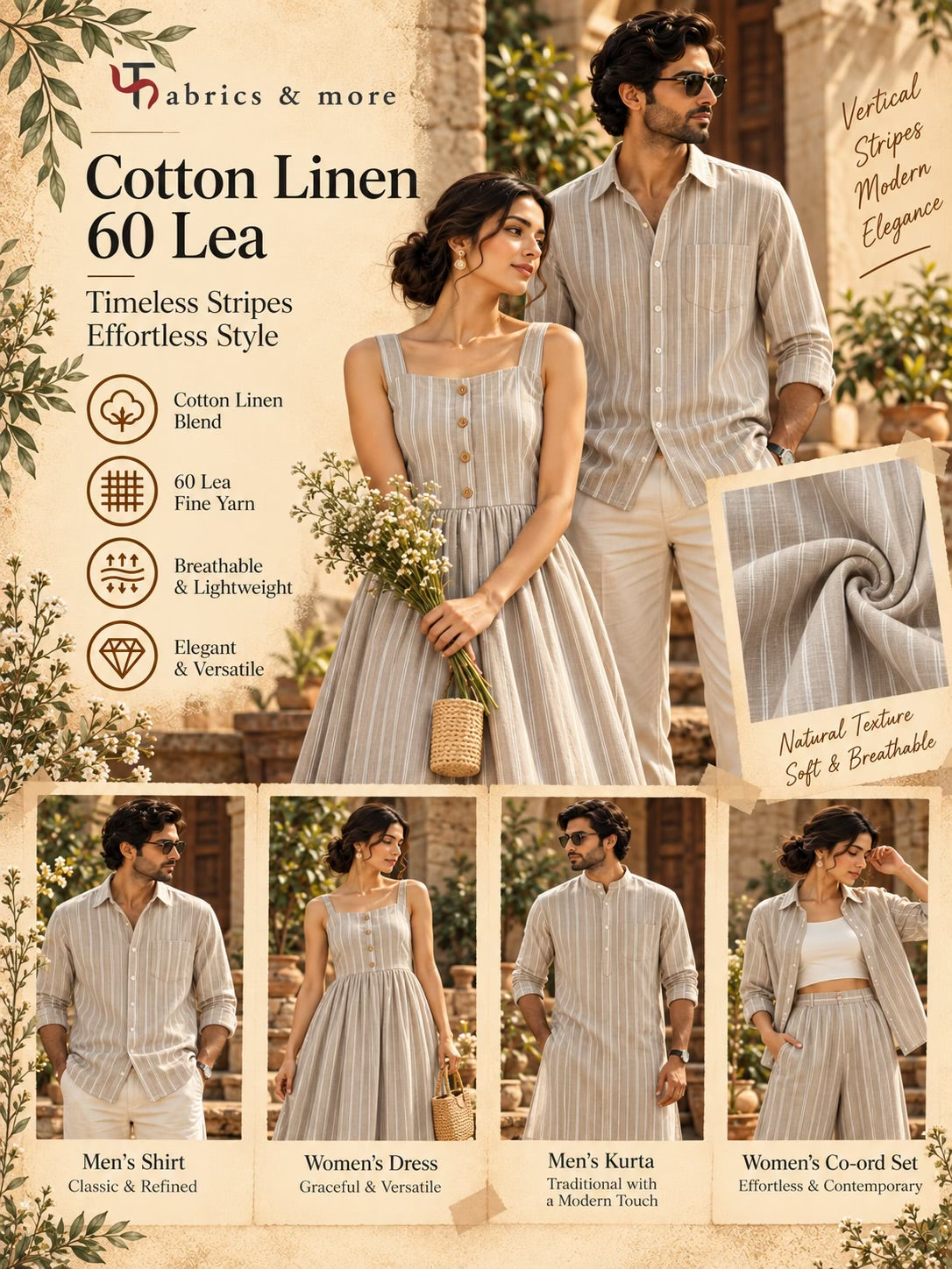 Premium Taupe Beige Cotton Linen 60 Lea Fabric with White Stripes