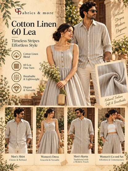 Premium Taupe Beige Cotton Linen 60 Lea Fabric with White Stripes