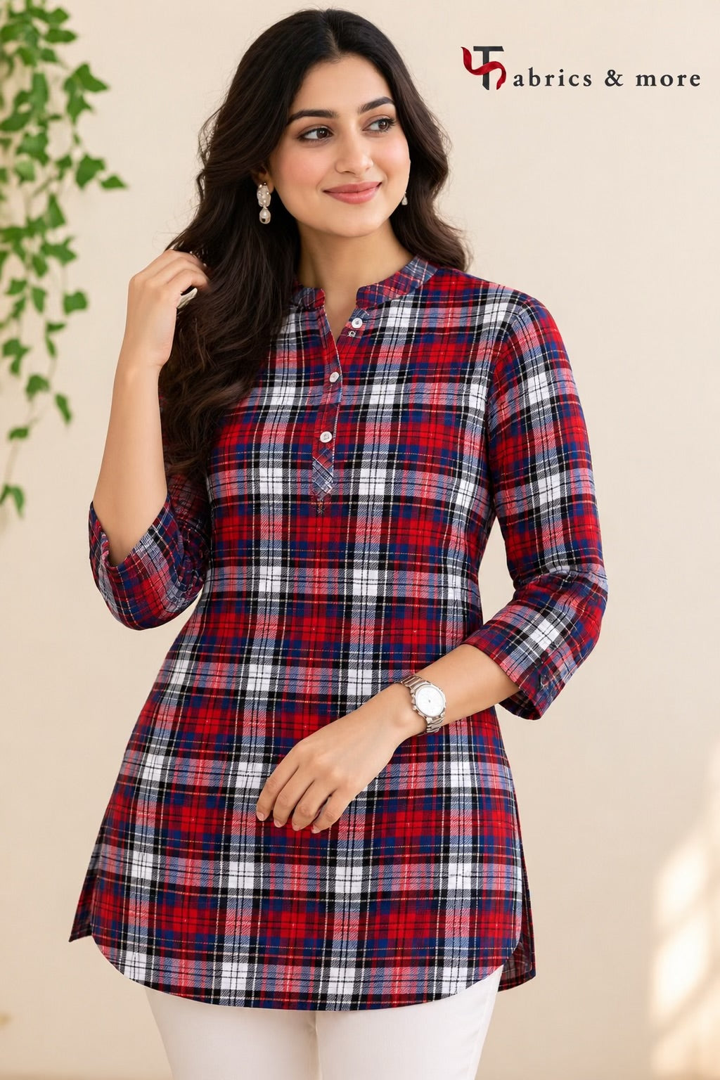 Red, Navy Blue & White Tartan Check Spun Fabric