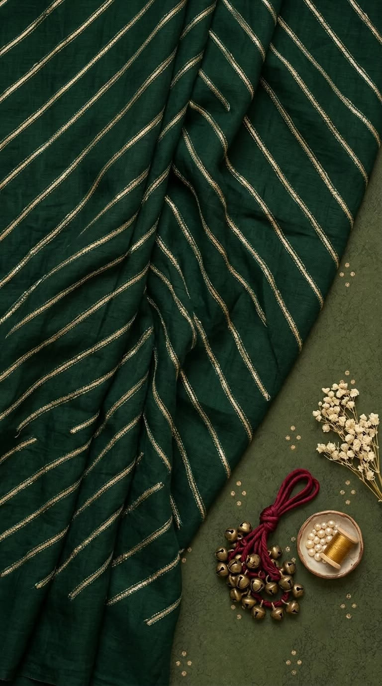 Emerald Green Chanderi Fabric with Light Golden Gotta Patti Work