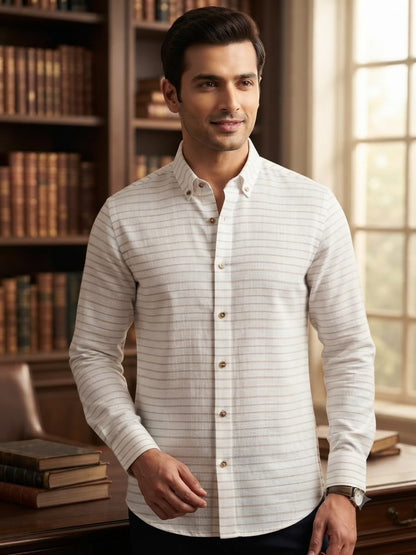 Classic White & Dual-Beige Striped Cotton-Linen Blend Fabric