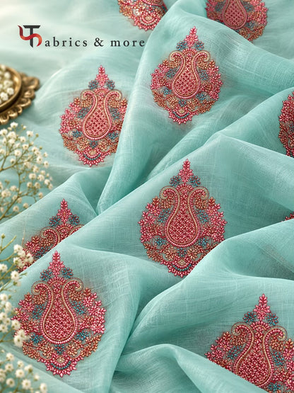 Kashmiri Butta Embroidered Chanderi Fabric Mint Blue Base