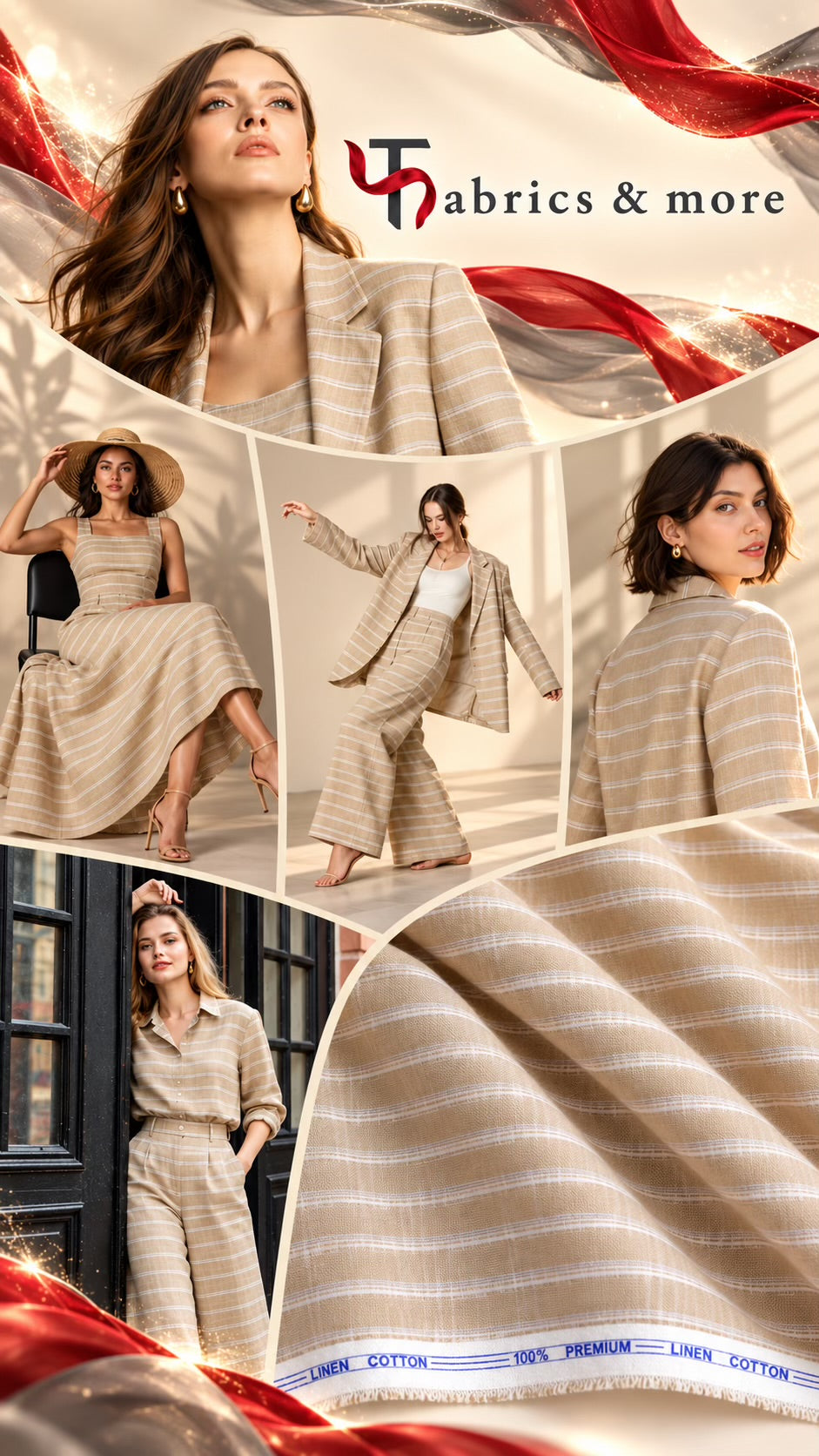Cotton Linen 60 Lea – Beige with White Stripes