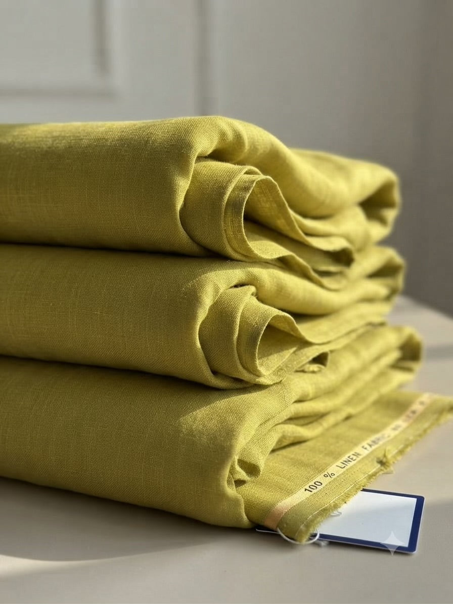 Premium Olive- Yellow  with melange Glow 100% Pure Linen 60 Lea Fabric(0% Cotton)