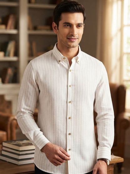 Classic White & Dual-Beige Striped Cotton-Linen Blend Fabric