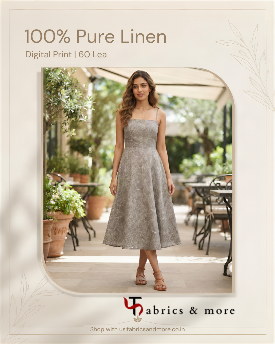 Charcoal Grey Leaf Line-Art Digital Print 100% Pure Linen Fabric 60 Lea (0% Cotton)