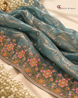 Luminous Teal-Gold Fendi Fabric with Thread and Light Golden Dori work
