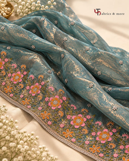 Luminous Teal-Gold Fendi Fabric with Thread and Light Golden Dori work