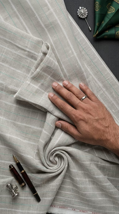 Premium Beige-Grey 100% Pure Linen 60 Lea Stripe Fabric – White &  Turquoise Pinstripes (0% Cotton)