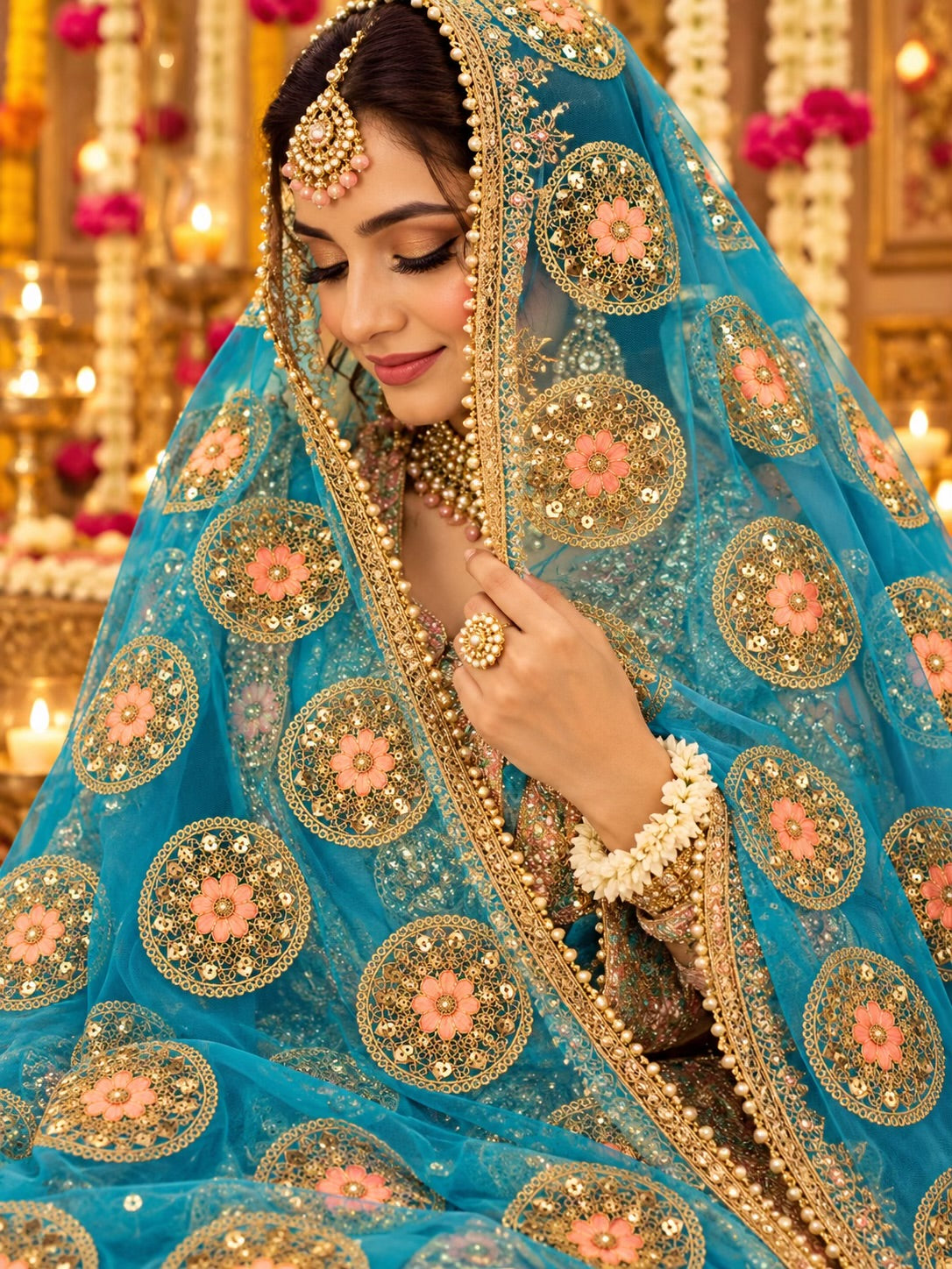 Firozi Blue Embroidered Net Fabric with Golden Dori, Sequins & Peach Thread Work