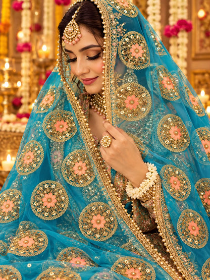 Firozi Blue Embroidered Net Fabric with Golden Dori, Sequins & Peach Thread Work