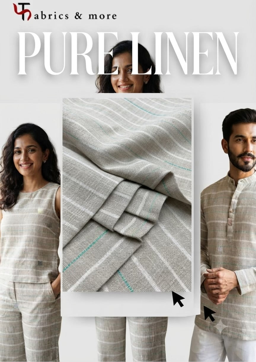 Premium Beige-Grey 100% Pure Linen 60 Lea Stripe Fabric – White &  Turquoise Pinstripes (0% Cotton)