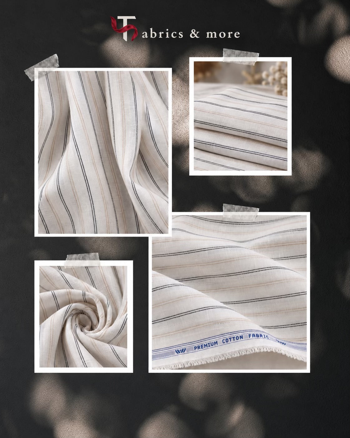 Sophisticated IVORY -WHITE Cotton Linen 60 Lea Striped Fabric