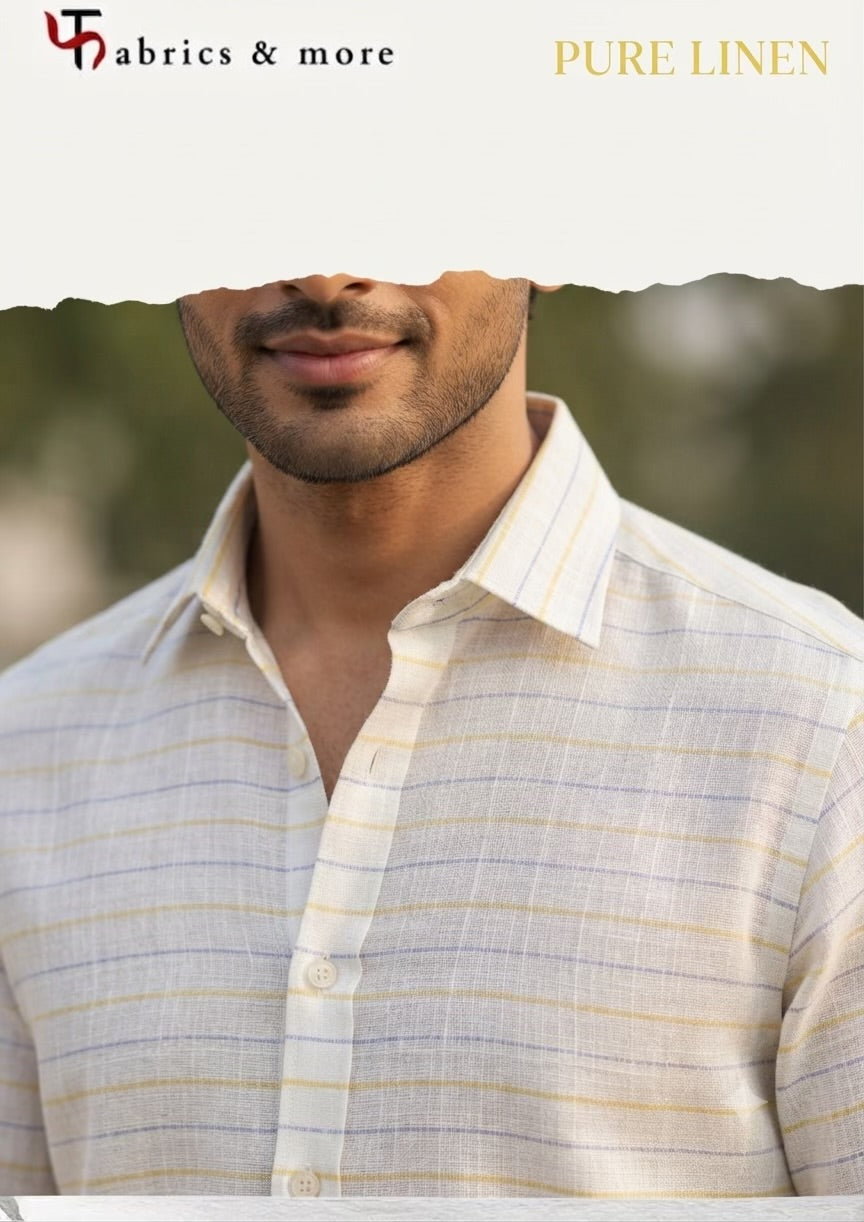 Premium White 100% Pure Linen 60 Lea Stripe Fabric – Yellow & Blue Pinstripes (0% Cotton)