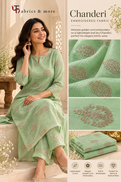 Mint Green Chanderi Fabric with Delicate Golden Cord Embroidery