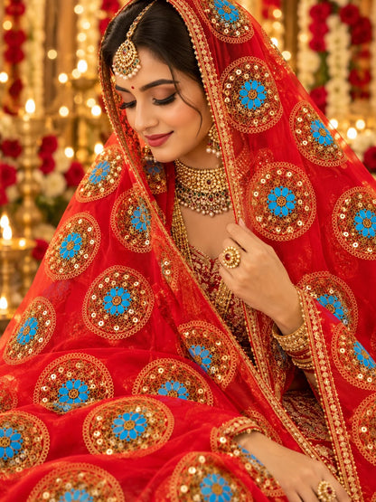 Gajari Embroidered Net Fabric with Golden Dori, Sequins & Turquoise Thread Work