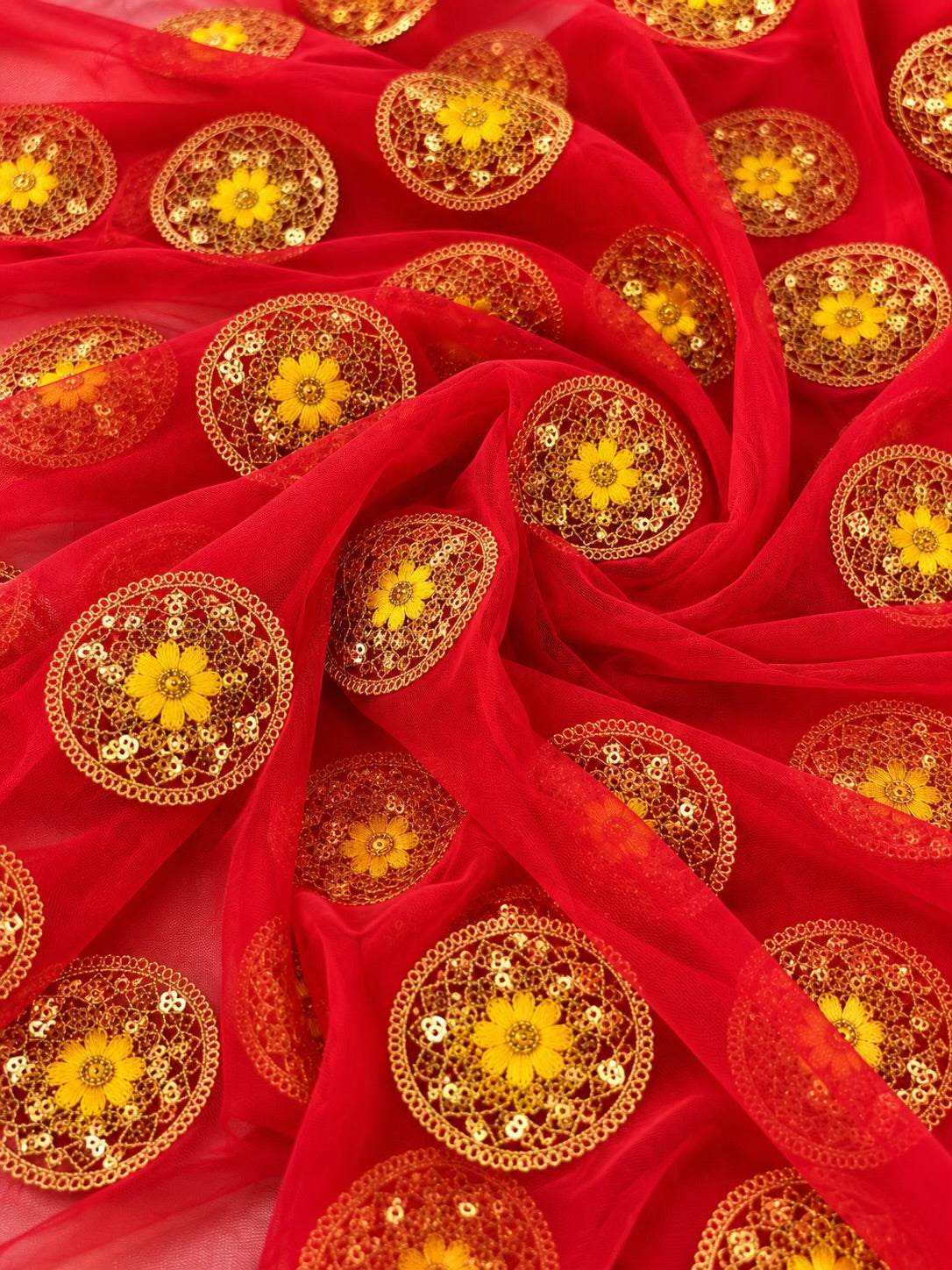 Red Embroidered Net Fabric with Golden Dori, Sequins & Yellow Thread Work