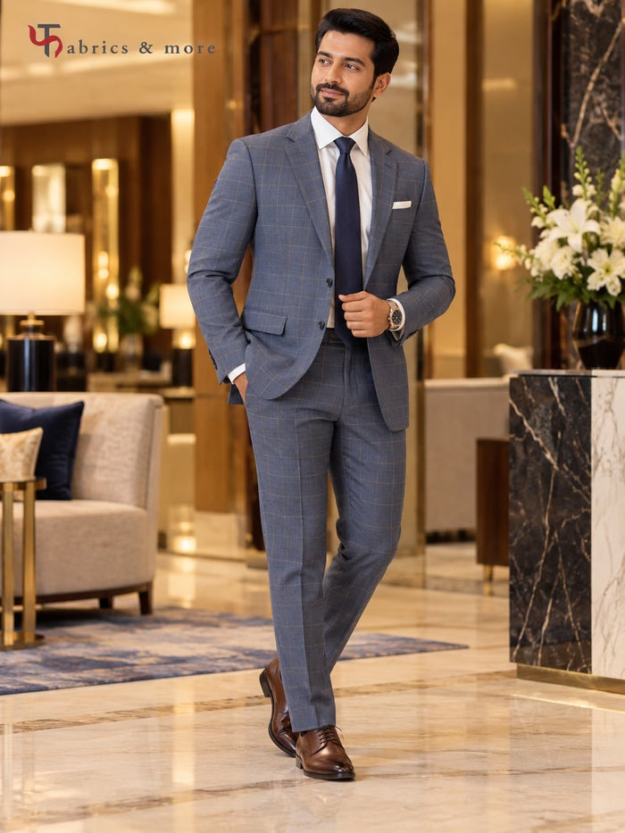 Slate Grey Windowpane Check Suiting Fabric