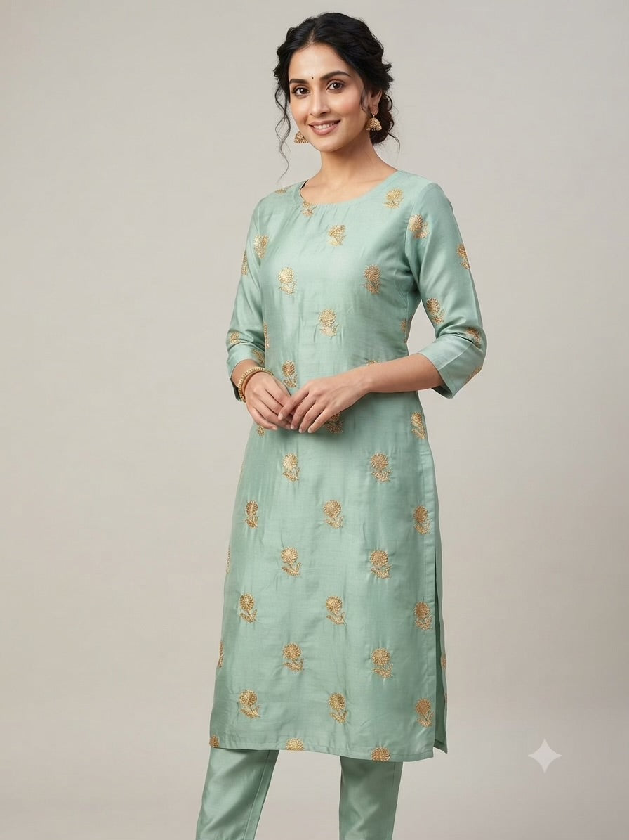 Sea-Green Malai Chanderi Fabric with Light Golden Jari Embroidery - draped to show fall and sheen