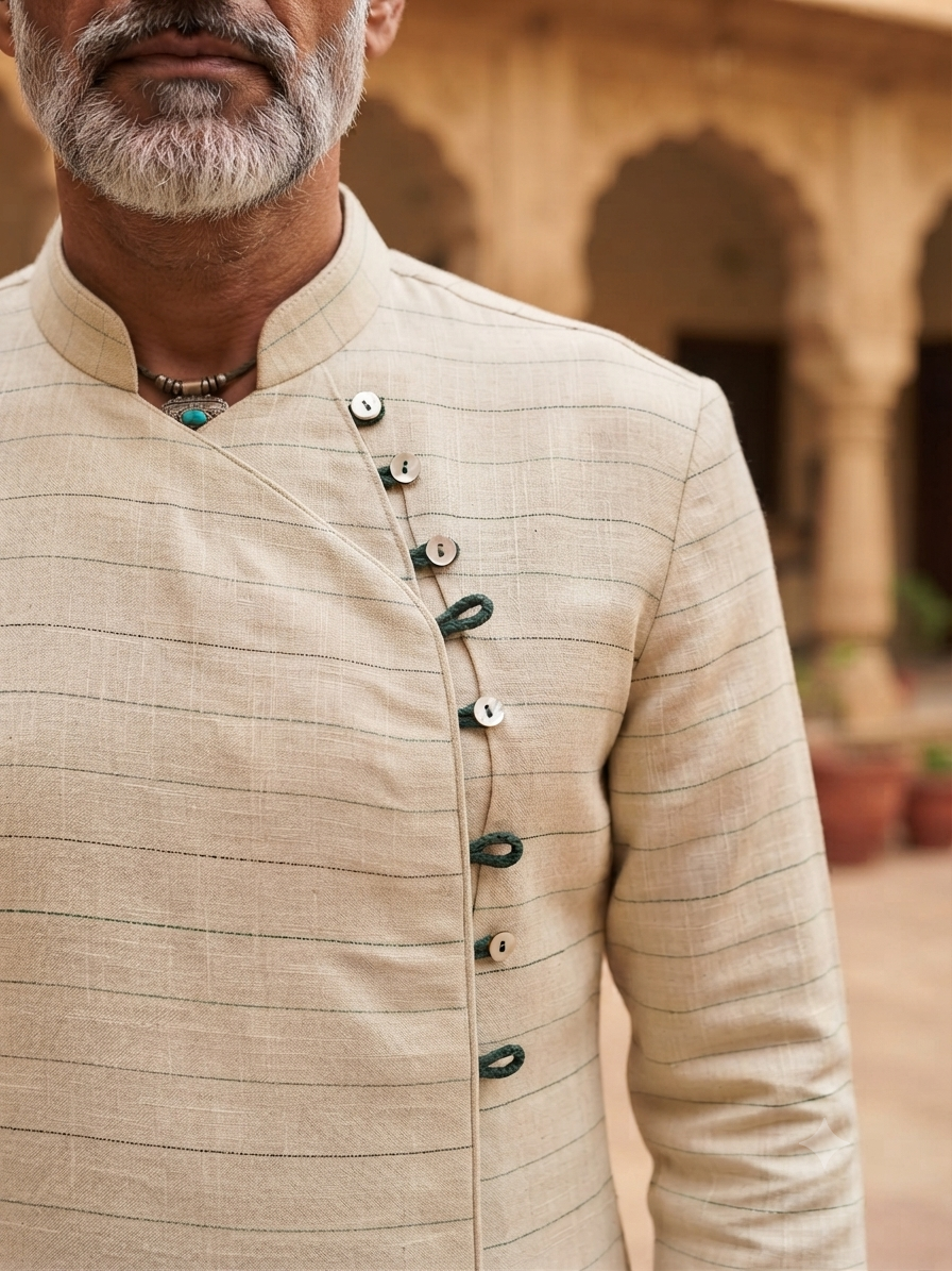Premium Cream Pure Linen 60 Lea Pinstripe – Green & Black Stripes 100% Pure Linen Fabric (0% Cotton)