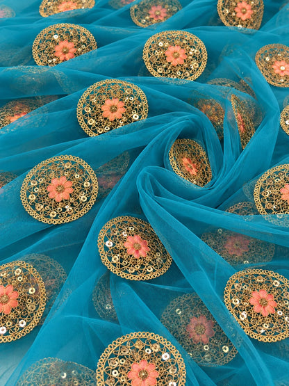 Firozi Blue Embroidered Net Fabric with Golden Dori, Sequins & Peach Thread Work
