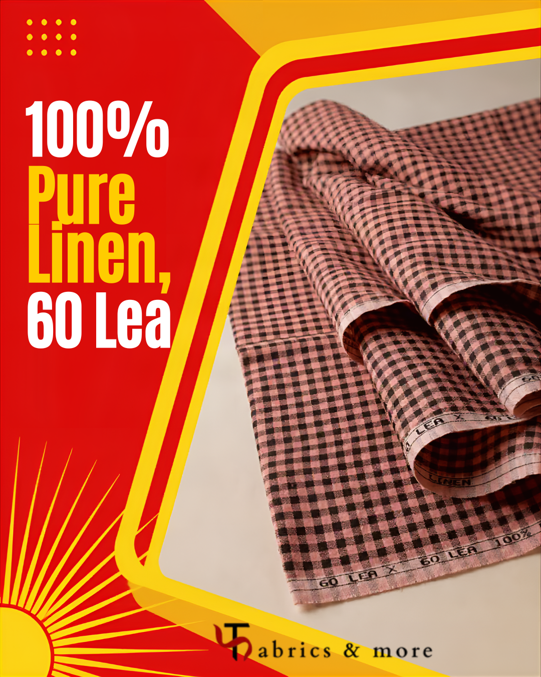Dusty Pink & Black Gingham Check 100% Pure Linen Fabric 60 Lea (No cotton)