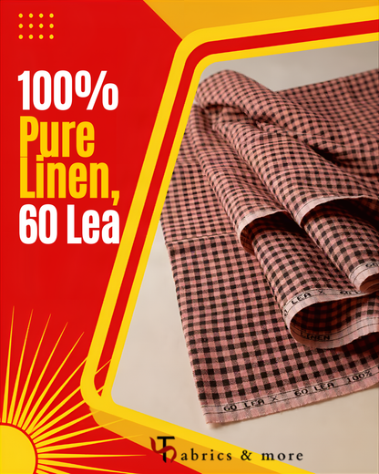 Dusty Pink & Black Gingham Check 100% Pure Linen Fabric 60 Lea (No cotton)