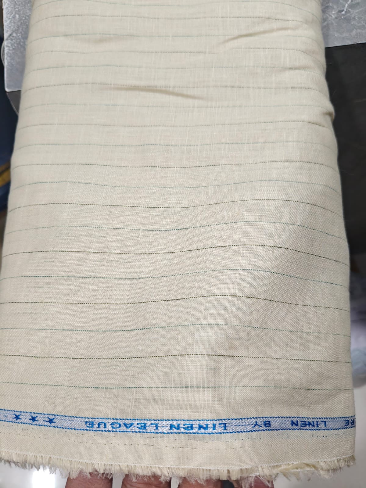 Premium Cream Pure Linen 60 Lea Pinstripe – Green & Black Stripes 100% Pure Linen Fabric (0% Cotton)