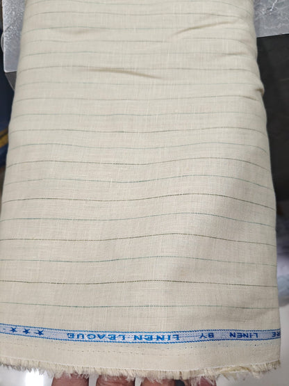 Premium Cream Pure Linen 60 Lea Pinstripe – Green & Black Stripes 100% Pure Linen Fabric (0% Cotton)