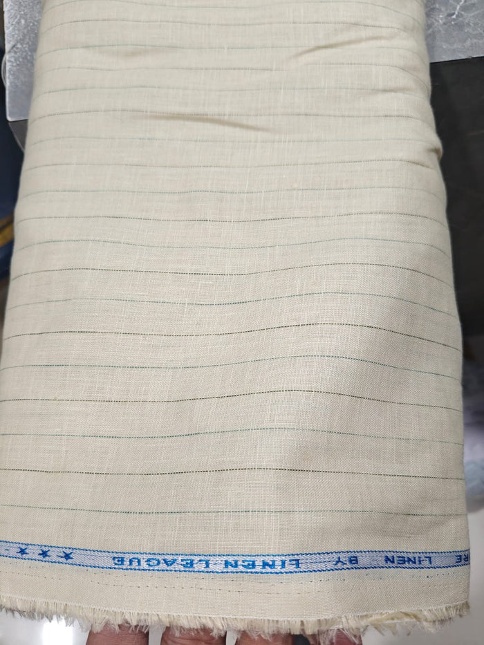 Premium Cream Pure Linen 60 Lea Pinstripe – Green & Black Stripes 100% Pure Linen Fabric (0% Cotton)