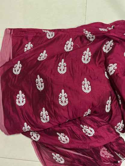 Rich Burgundy with White Dori Embroidered Motifs Chanderi Fabric