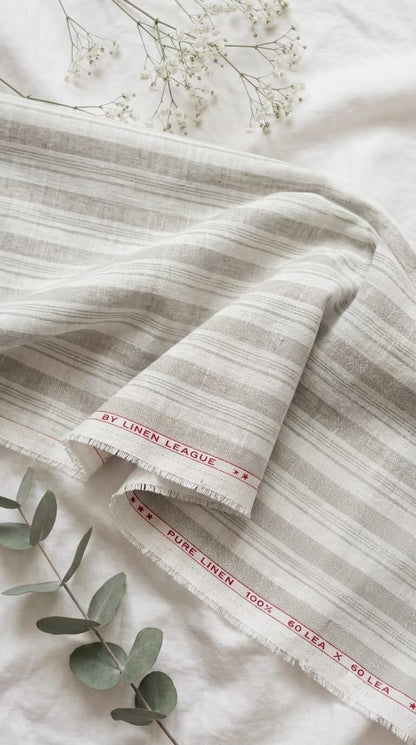 Premium White & Natural Beige 100%Pure Linen 60 Lea Striped Fabric (0% Cotton)