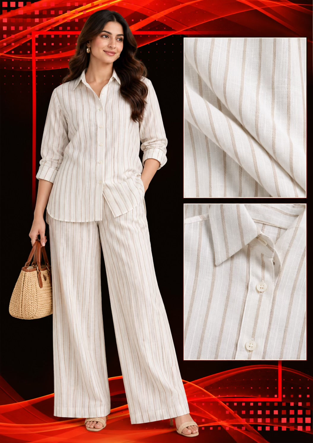 Premium Cotton Linen Fabric with Beige Stripes