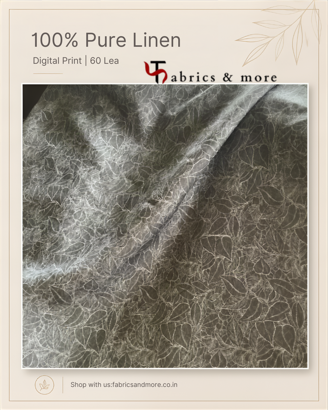 Charcoal Grey Leaf Line-Art Digital Print 100% Pure Linen Fabric 60 Lea (0% Cotton)
