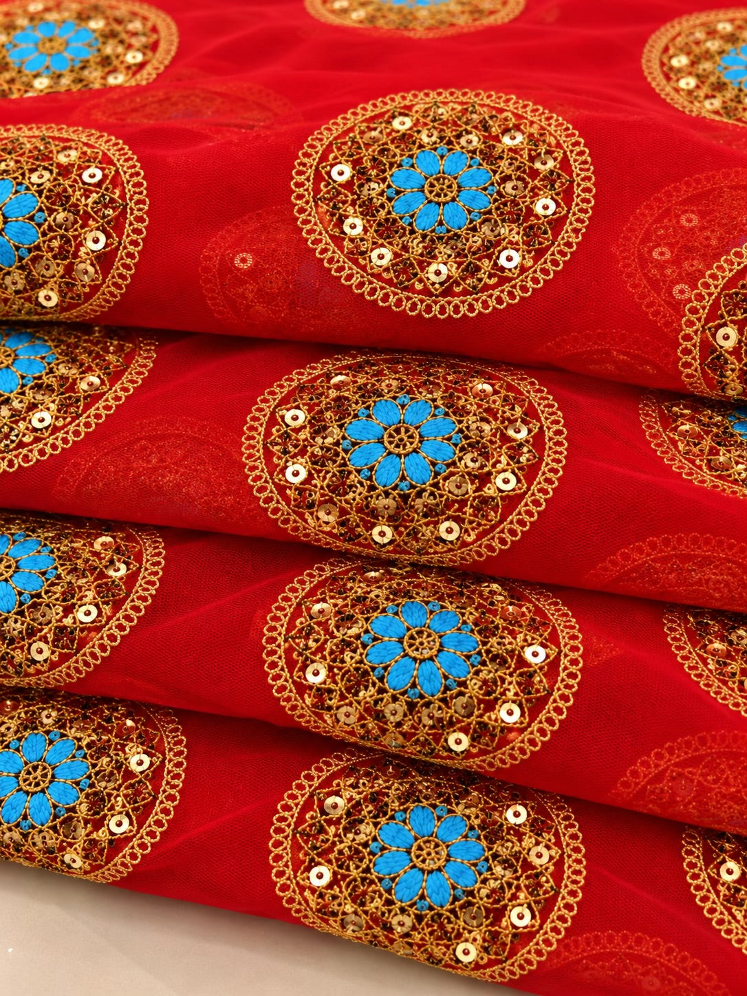Gajari Embroidered Net Fabric with Golden Dori, Sequins & Turquoise Thread Work