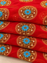 Gajari Embroidered Net Fabric with Golden Dori, Sequins & Turquoise Thread Work