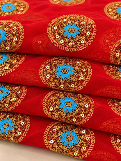 Gajari Embroidered Net Fabric with Golden Dori, Sequins & Turquoise Thread Work