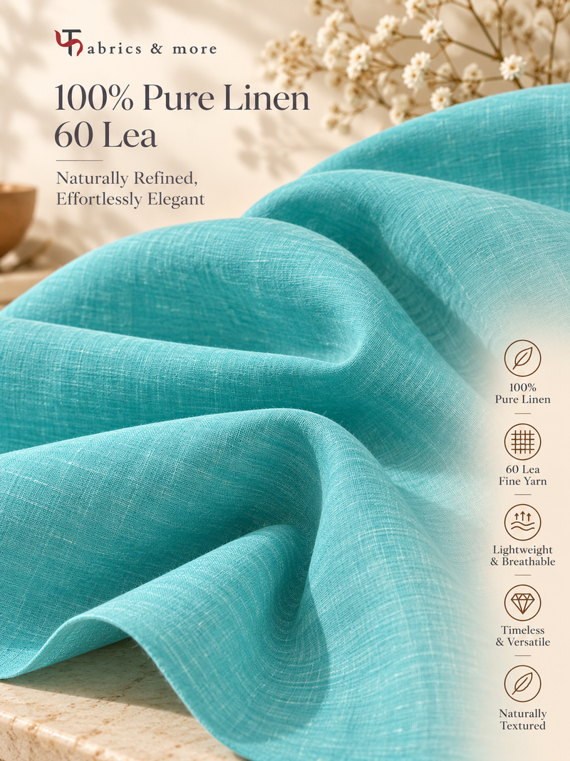 Premium Aqua Blue 100% Pure Linen Fabric-60 Lea (No Cotton )
Naturally Luxurious. Effortlessly Elegant. Pure Linen Comfort.