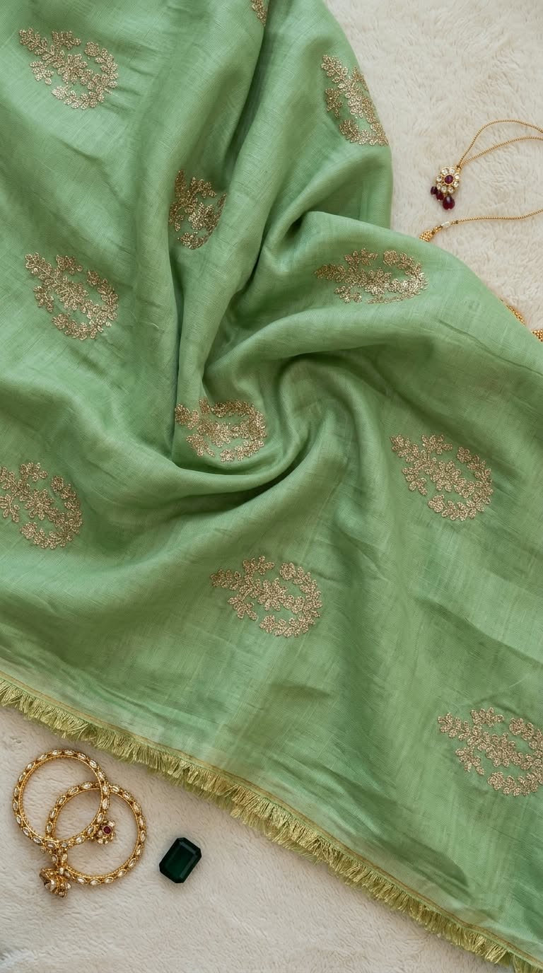 Pastel Green Chanderi Fabric with Light Golden Cord Embroidery