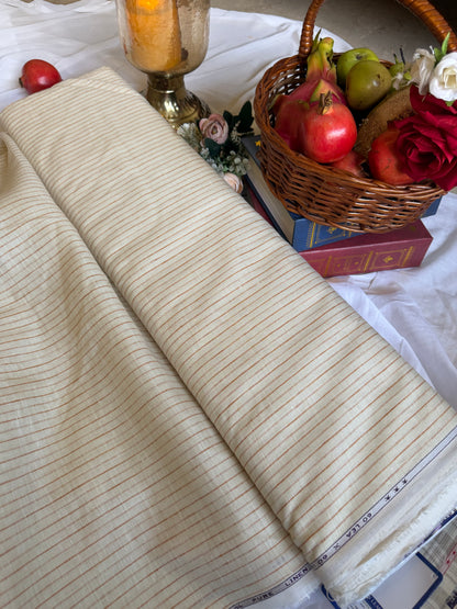 Premium Cream & Rust Pinstripe 100% Pure Linen Fabric – 60 Lea(0% Cotton)